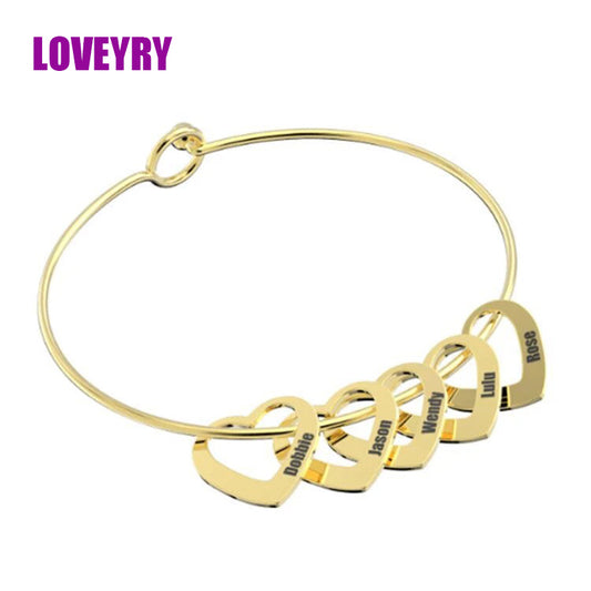 Bangle Bracelet with Custom Heart Pendants in 18K Gold Plating