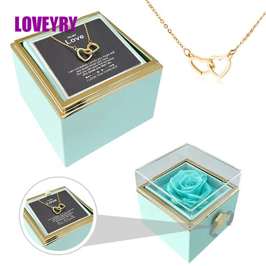 Double Heart Engraved Necklace & Eternal Rose Box