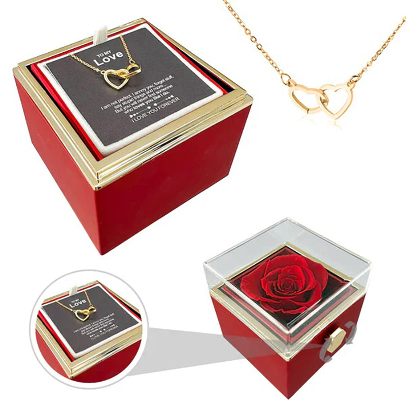 Double Heart Engraved Necklace & Eternal Rose Box