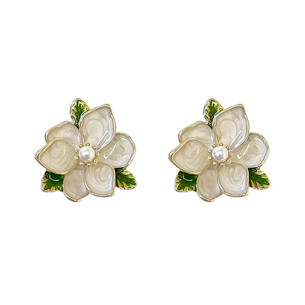 Vintage Light Luxury Gardenia Enamel Pearl 925 Silver Needle Earrings