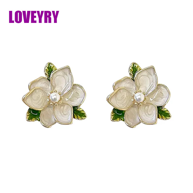 Vintage Light Luxury Gardenia Enamel Pearl 925 Silver Needle Earrings