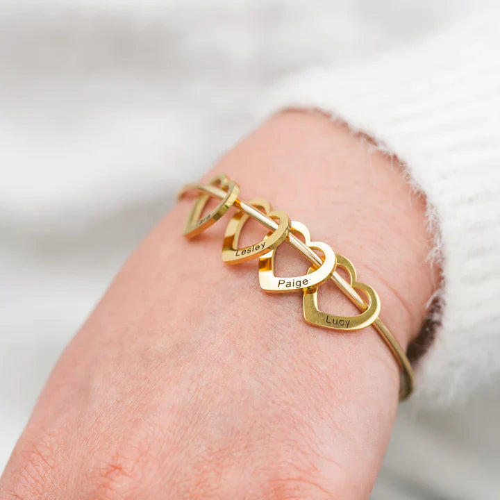 Bangle Bracelet with Custom Heart Pendants in 18K Gold Plating