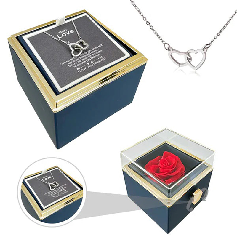 Double Heart Engraved Necklace & Eternal Rose Box