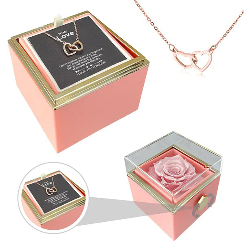 Double Heart Engraved Necklace & Eternal Rose Box