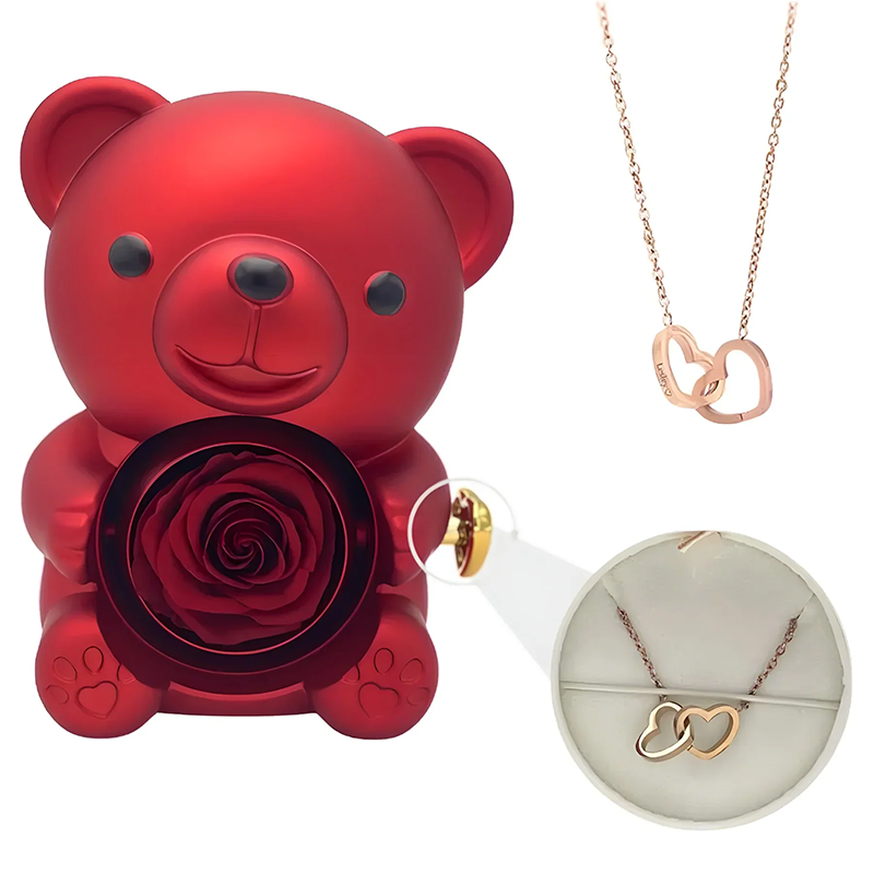 Double Heart Engraved Necklace & Eternal Bear Box