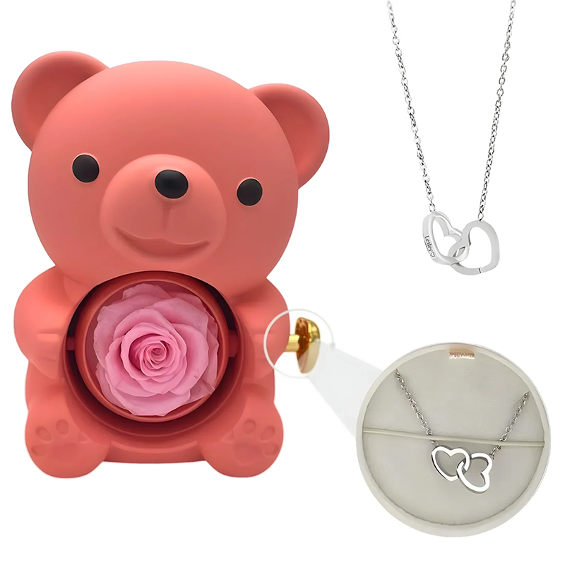 Double Heart Engraved Necklace & Eternal Bear Box