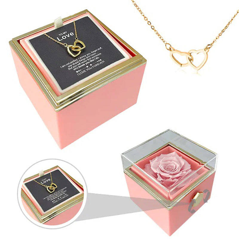 Double Heart Engraved Necklace & Eternal Rose Box