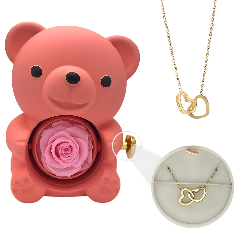 Double Heart Engraved Necklace & Eternal Bear Box